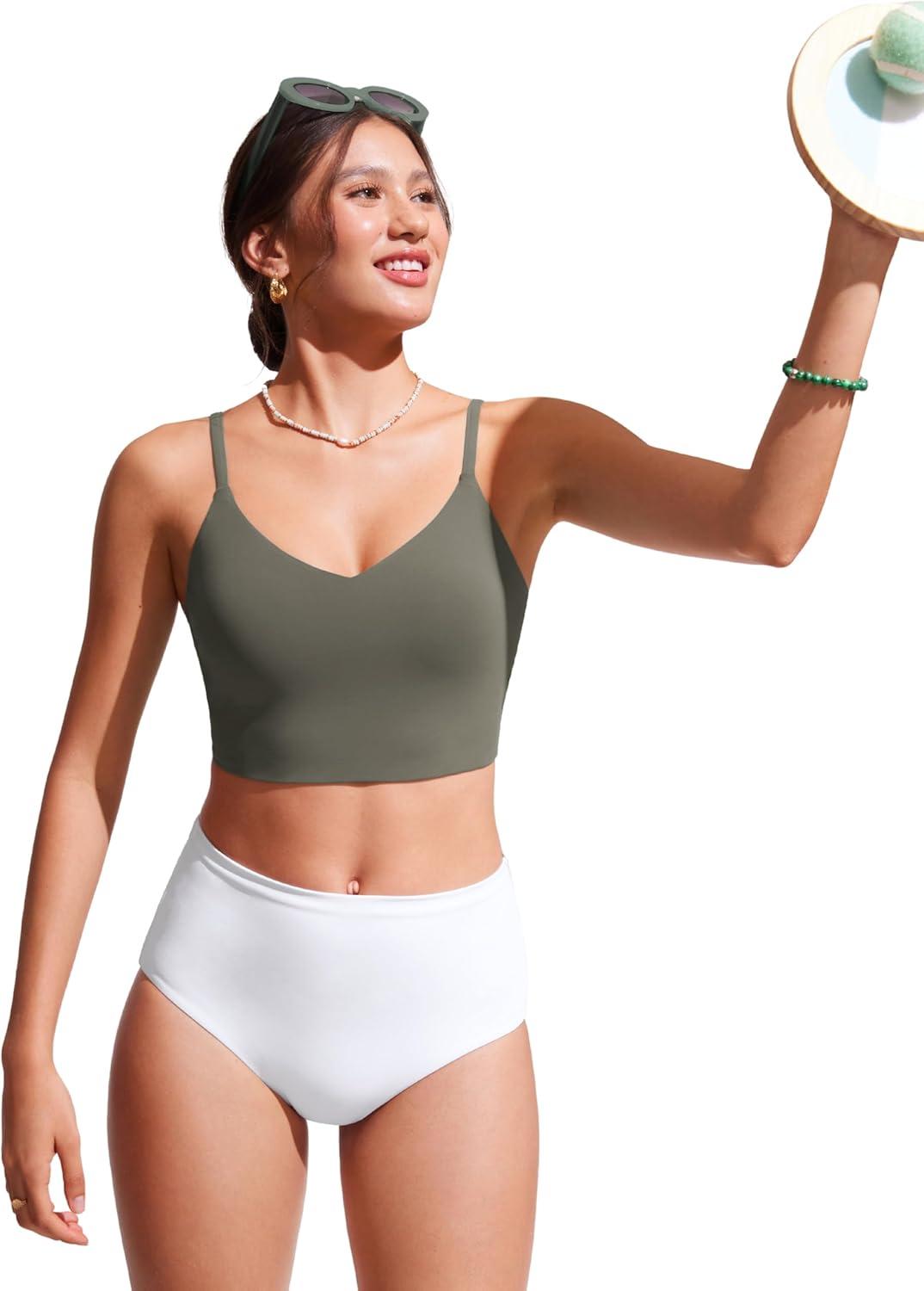 imageCRZ YOGA V Shaped Longline Bikini Tops for Women Padded Cropped Adjustable Spaghetti Straps Swimsuit Athletic Bathing SuitLight Army Green