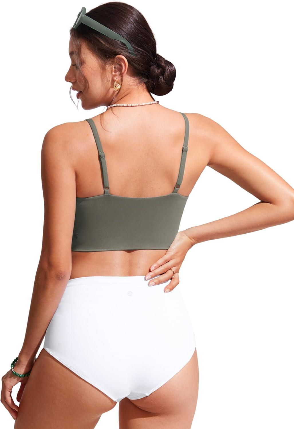 imageCRZ YOGA V Shaped Longline Bikini Tops for Women Padded Cropped Adjustable Spaghetti Straps Swimsuit Athletic Bathing SuitLight Army Green