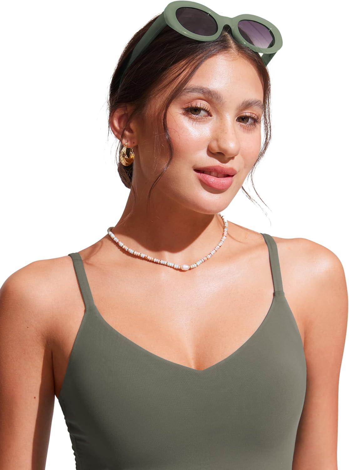 imageCRZ YOGA V Shaped Longline Bikini Tops for Women Padded Cropped Adjustable Spaghetti Straps Swimsuit Athletic Bathing SuitLight Army Green