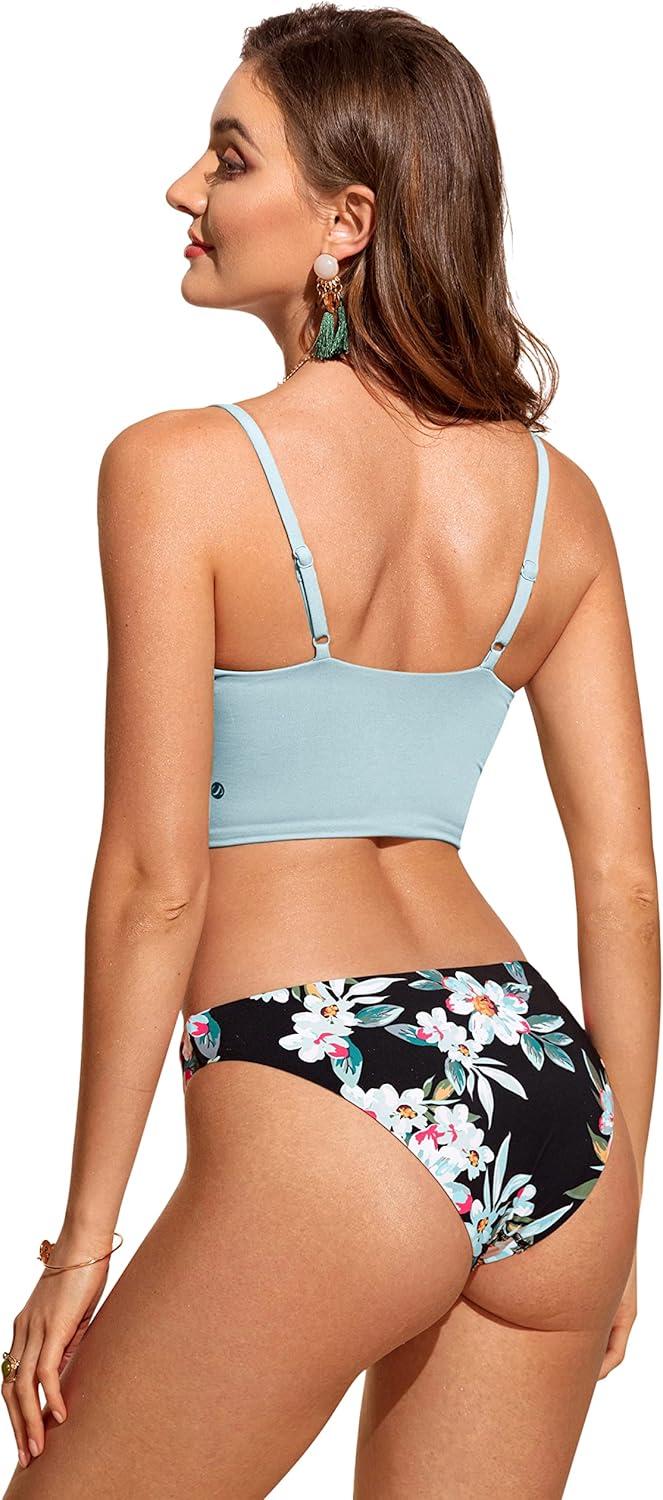 imageCRZ YOGA V Shaped Longline Bikini Tops for Women Padded Cropped Adjustable Spaghetti Straps Swimsuit Athletic Bathing SuitLight Grayish Blue