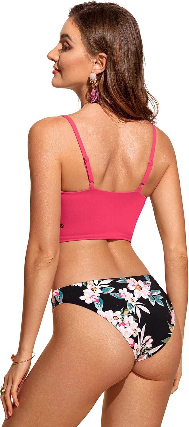 imageCRZ YOGA V Shaped Longline Bikini Tops for Women Padded Cropped Adjustable Spaghetti Straps Swimsuit Athletic Bathing SuitMagenta