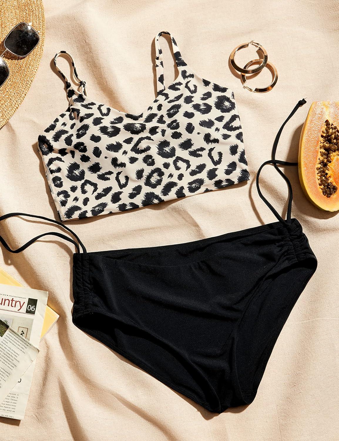 imageCRZ YOGA V Shaped Longline Bikini Tops for Women Padded Cropped Adjustable Spaghetti Straps Swimsuit Athletic Bathing SuitPrimulin Leopard Print