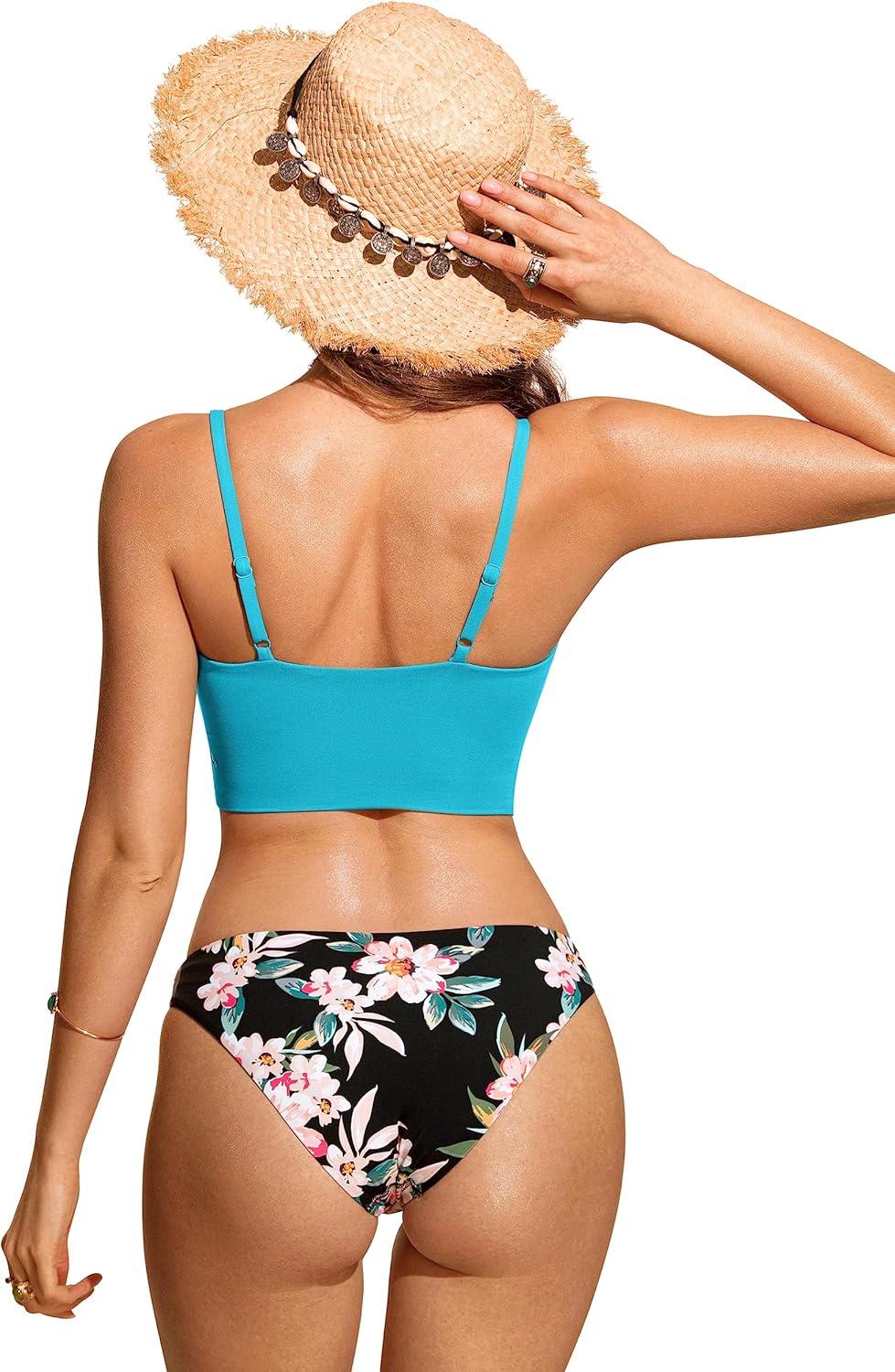 imageCRZ YOGA V Shaped Longline Bikini Tops for Women Padded Cropped Adjustable Spaghetti Straps Swimsuit Athletic Bathing SuitTurquoise