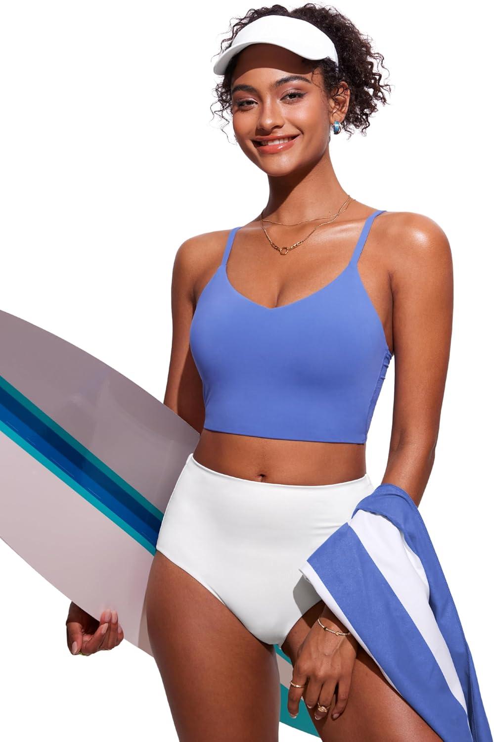 imageCRZ YOGA V Shaped Longline Bikini Tops for Women Padded Cropped Adjustable Spaghetti Straps Swimsuit Athletic Bathing SuitWild Indigo