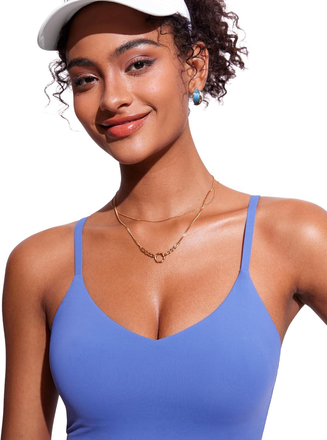 imageCRZ YOGA V Shaped Longline Bikini Tops for Women Padded Cropped Adjustable Spaghetti Straps Swimsuit Athletic Bathing SuitWild Indigo