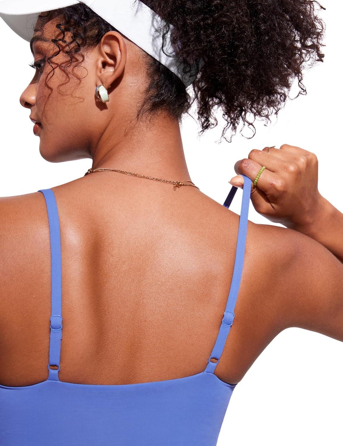 imageCRZ YOGA V Shaped Longline Bikini Tops for Women Padded Cropped Adjustable Spaghetti Straps Swimsuit Athletic Bathing SuitWild Indigo