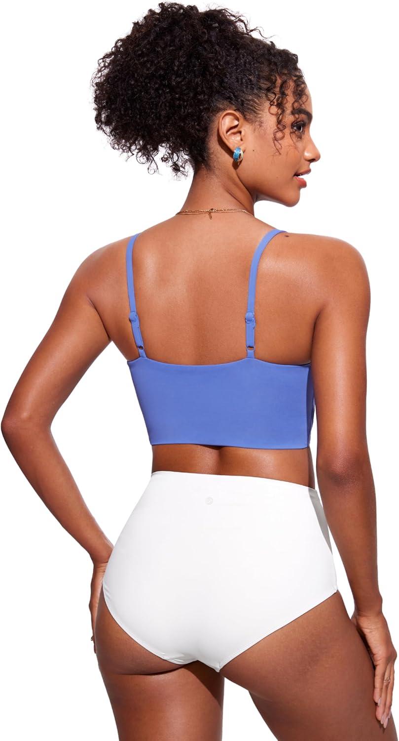 imageCRZ YOGA V Shaped Longline Bikini Tops for Women Padded Cropped Adjustable Spaghetti Straps Swimsuit Athletic Bathing SuitWild Indigo