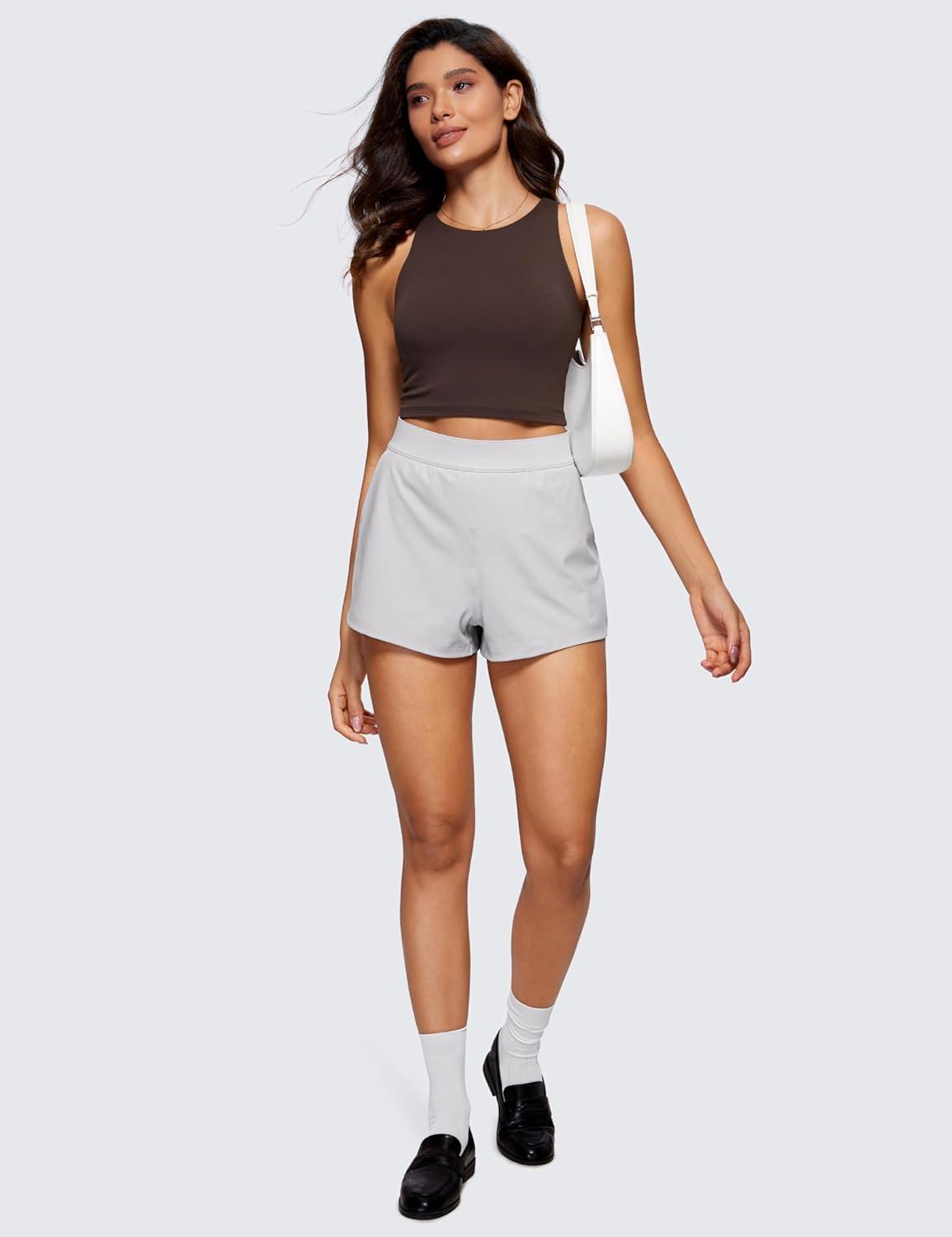 imageCRZ YOGA Womens Butterluxe Double Lined Cropped Tops High Neck Racerback Tanks Sleeveless Casual Workout Crop ShirtsHot Fudge Brown