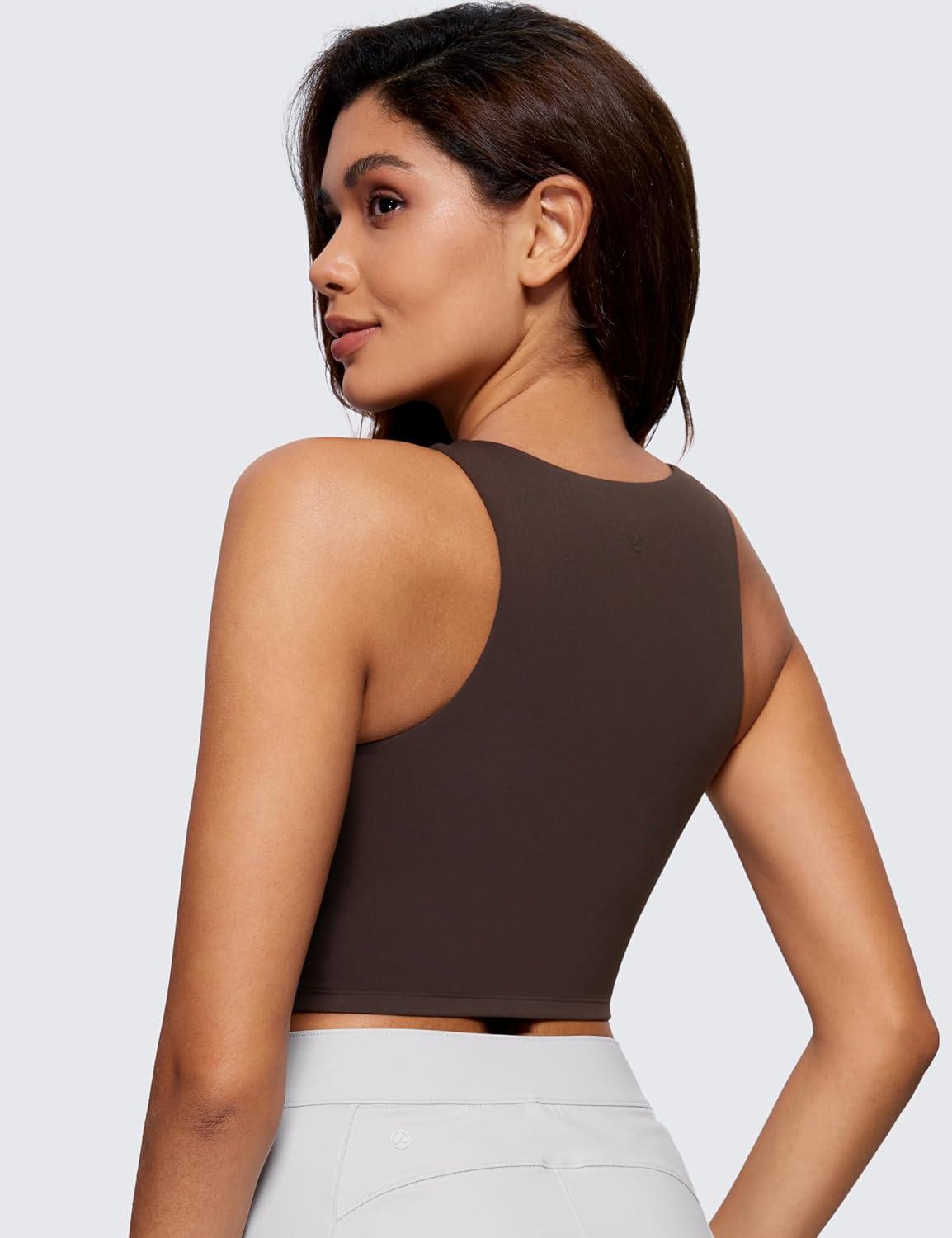 imageCRZ YOGA Womens Butterluxe Double Lined Cropped Tops High Neck Racerback Tanks Sleeveless Casual Workout Crop ShirtsHot Fudge Brown