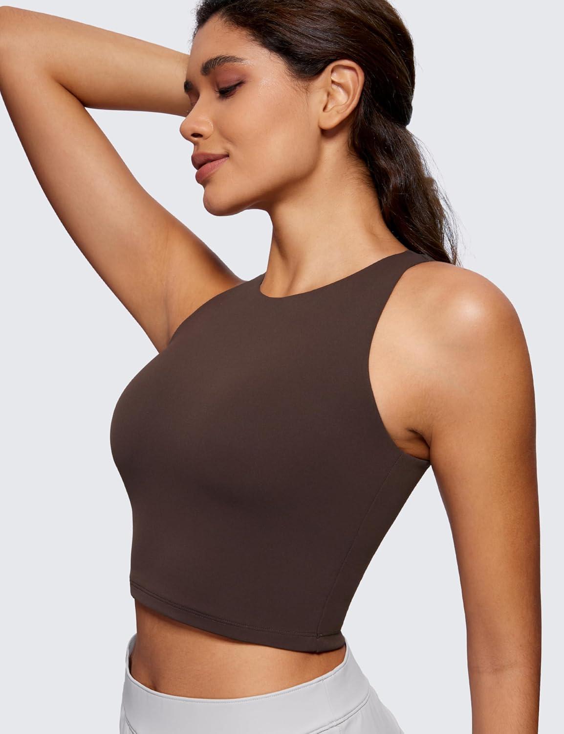 imageCRZ YOGA Womens Butterluxe Double Lined Cropped Tops High Neck Racerback Tanks Sleeveless Casual Workout Crop ShirtsHot Fudge Brown