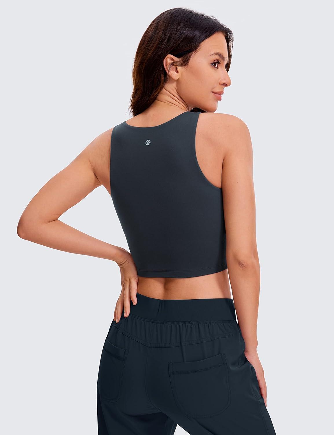 imageCRZ YOGA Womens Butterluxe Double Lined Cropped Tops High Neck Racerback Tanks Sleeveless Casual Workout Crop ShirtsTrue Navy
