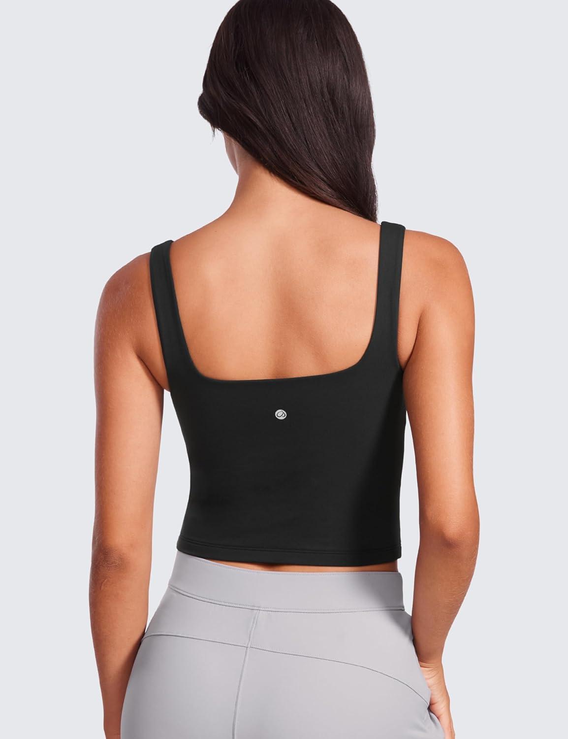 imageCRZ YOGA Womens Butterluxe Double Lined Square Neck Tight Tank Tops Sleeveless Workout Cropped Casual Yoga Fitted ShirtsBlack