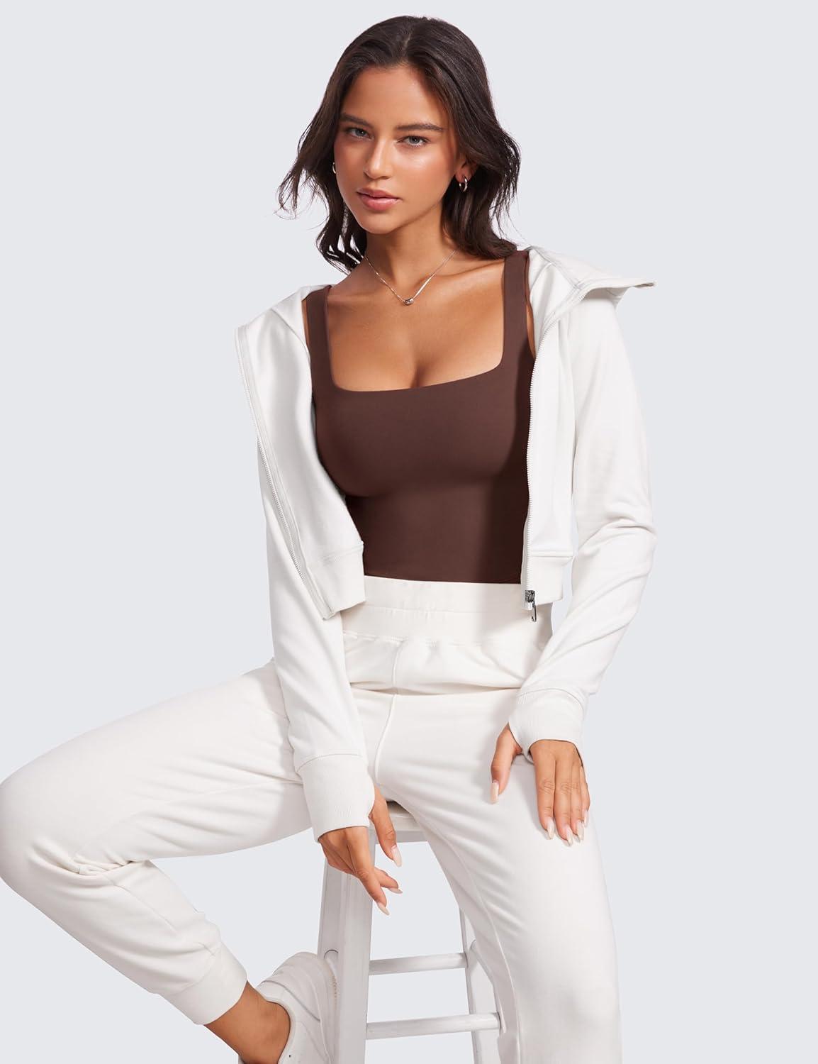 imageCRZ YOGA Womens Butterluxe Double Lined Square Neck Tight Tank Tops Sleeveless Workout Cropped Casual Yoga Fitted ShirtsTaupe