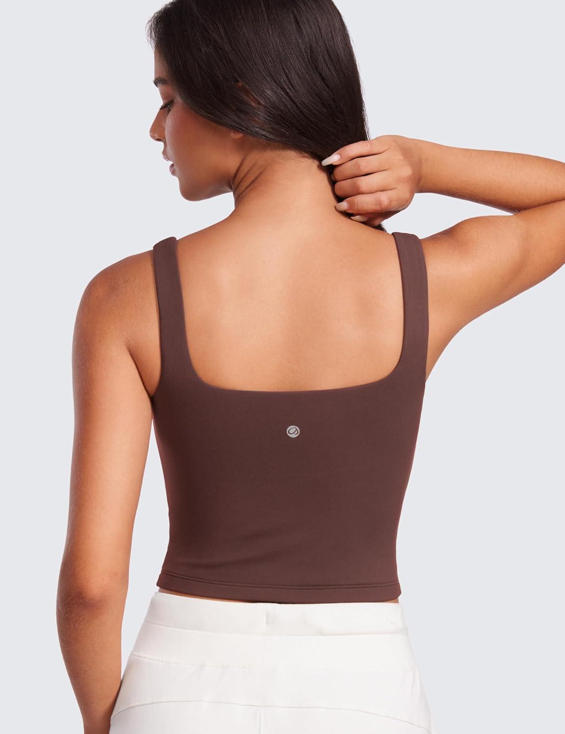 imageCRZ YOGA Womens Butterluxe Double Lined Square Neck Tight Tank Tops Sleeveless Workout Cropped Casual Yoga Fitted ShirtsTaupe