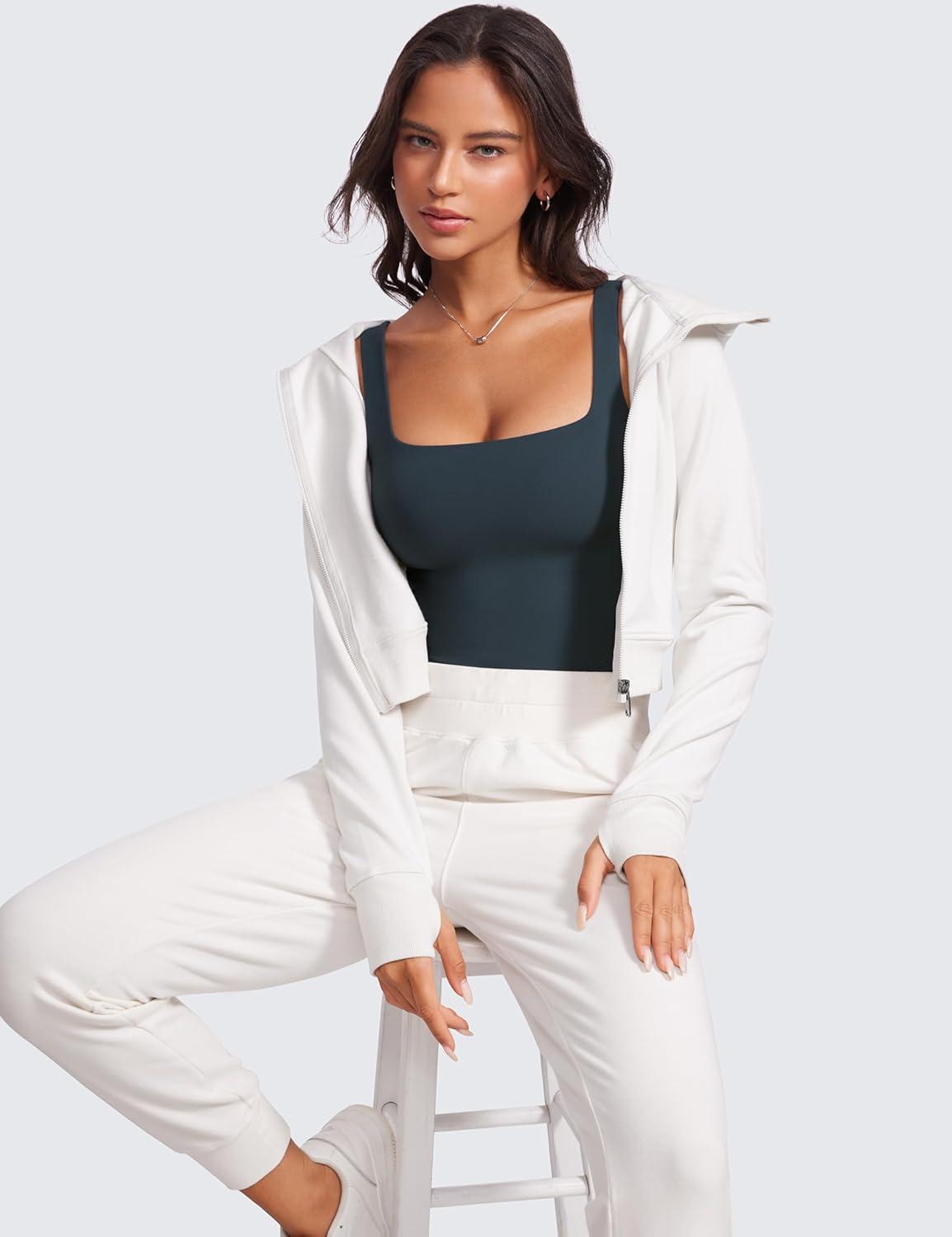 imageCRZ YOGA Womens Butterluxe Double Lined Square Neck Tight Tank Tops Sleeveless Workout Cropped Casual Yoga Fitted ShirtsTrue Navy