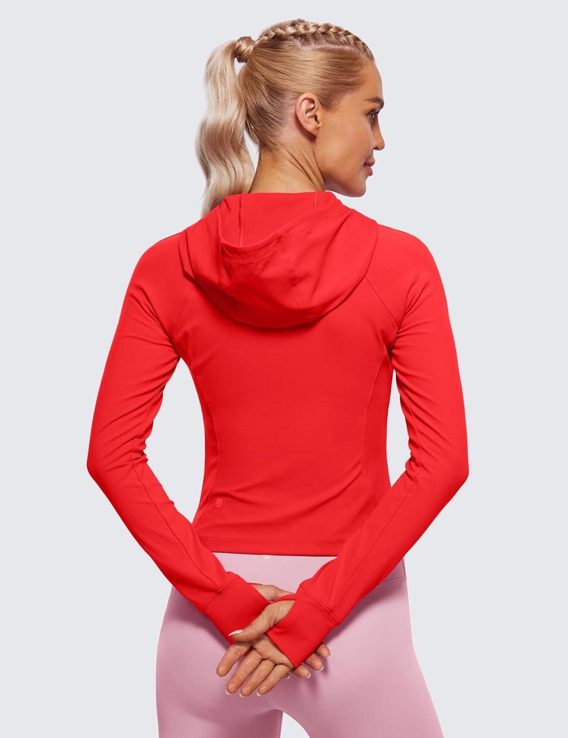 imageCRZ YOGA Womens Butterluxe Full Zip Workout Hoodie Jackets Slim Fit Hooded Athletic Yoga Lightweight Jacket with Thumb HolesDeep Red
