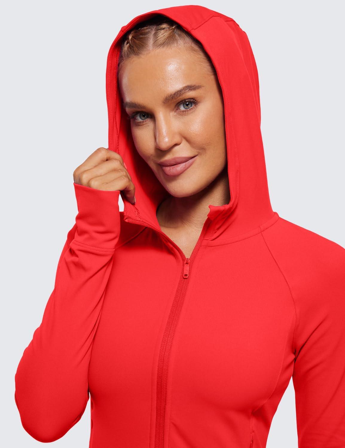 imageCRZ YOGA Womens Butterluxe Full Zip Workout Hoodie Jackets Slim Fit Hooded Athletic Yoga Lightweight Jacket with Thumb HolesDeep Red