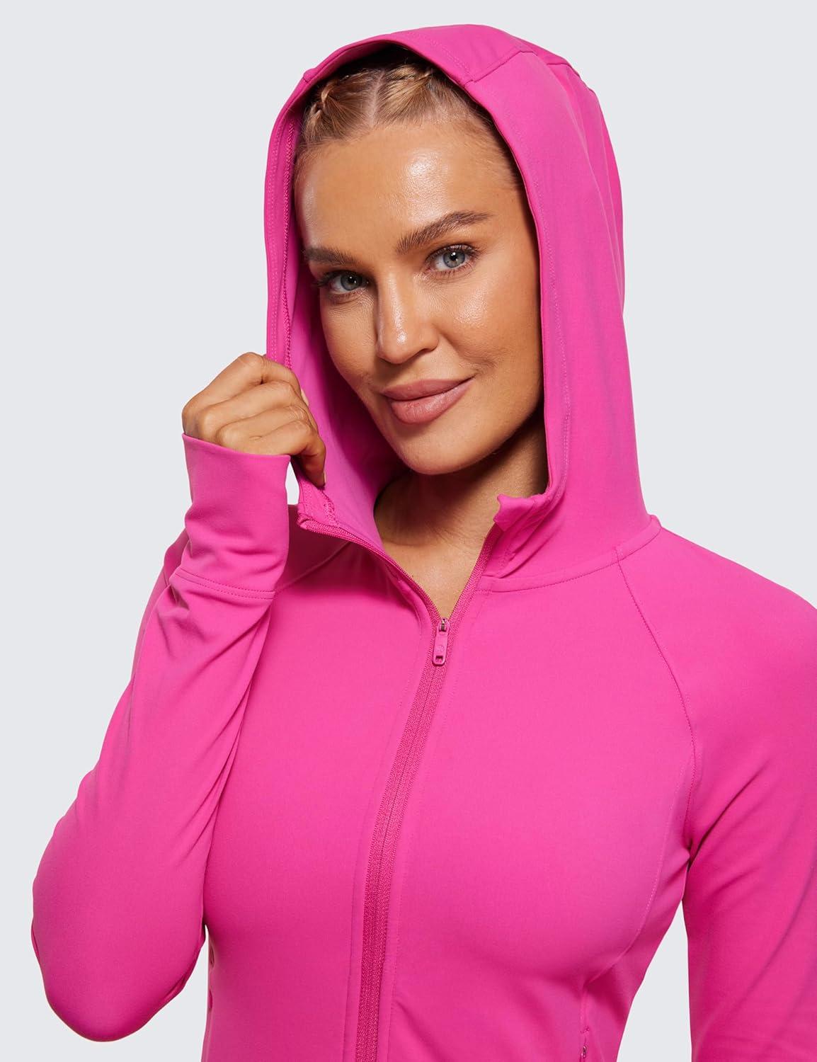 imageCRZ YOGA Womens Butterluxe Full Zip Workout Hoodie Jackets Slim Fit Hooded Athletic Yoga Lightweight Jacket with Thumb HolesHibiscus Purple