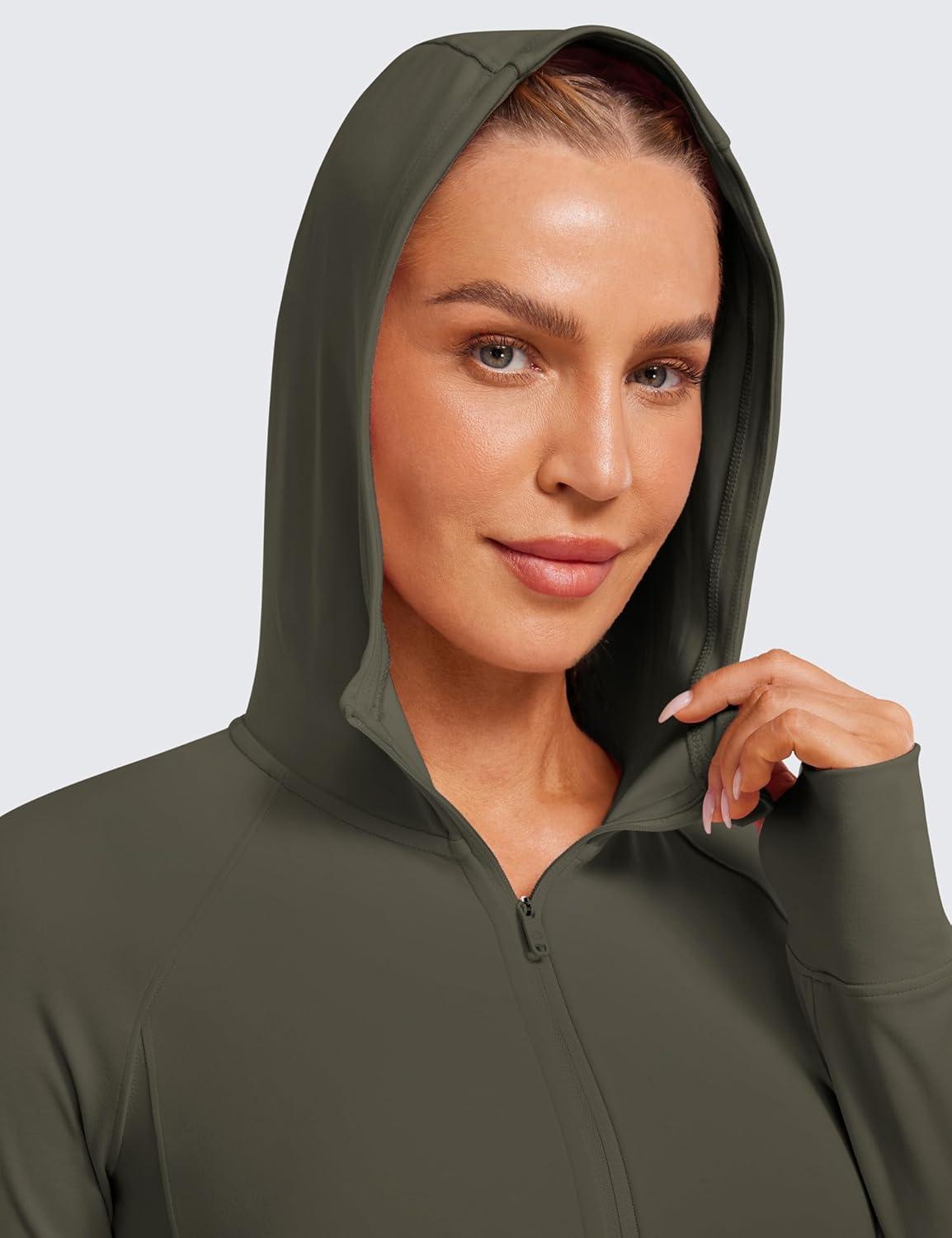 imageCRZ YOGA Womens Butterluxe Full Zip Workout Hoodie Jackets Slim Fit Hooded Athletic Yoga Lightweight Jacket with Thumb HolesLight Army Green
