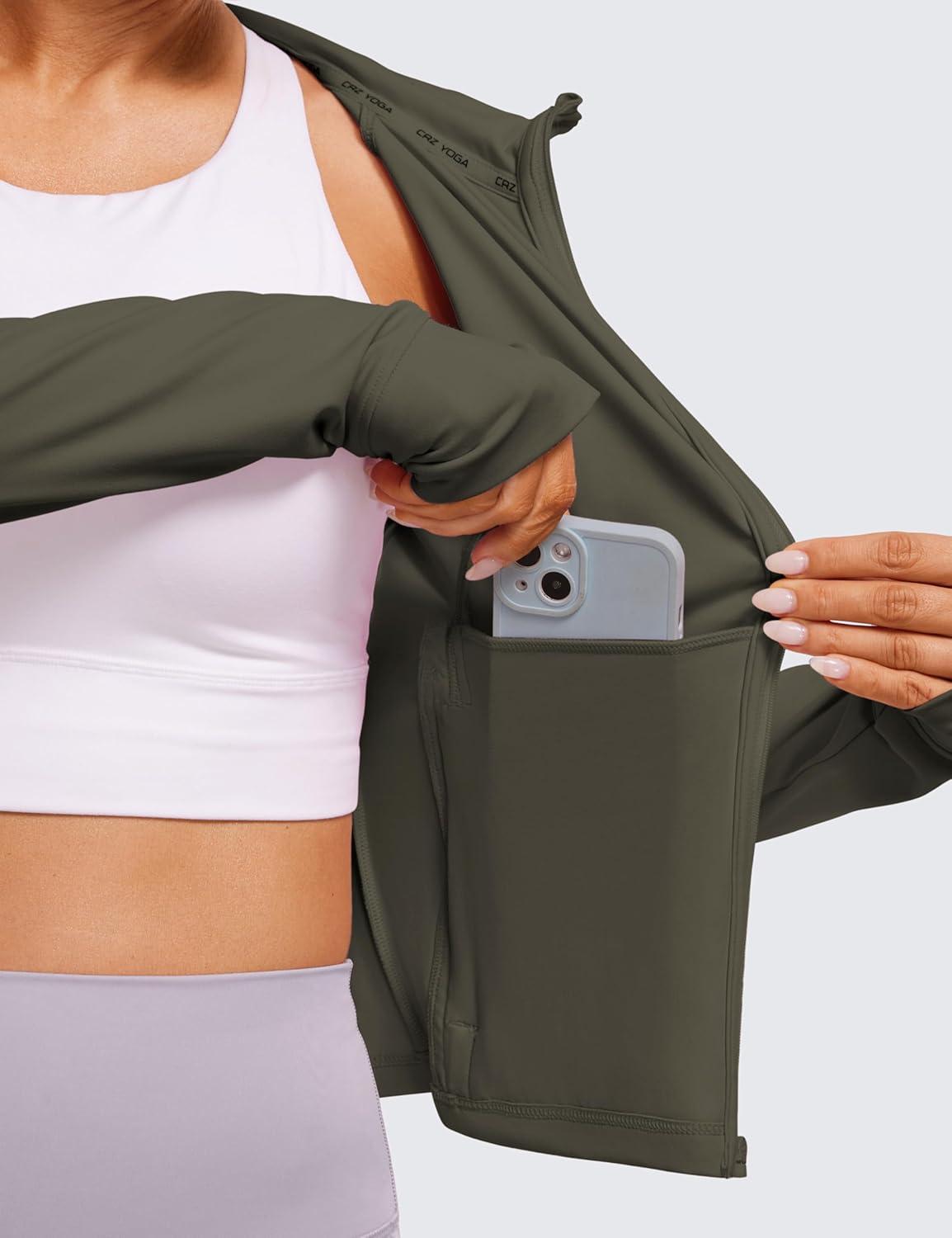 imageCRZ YOGA Womens Butterluxe Full Zip Workout Hoodie Jackets Slim Fit Hooded Athletic Yoga Lightweight Jacket with Thumb HolesLight Army Green
