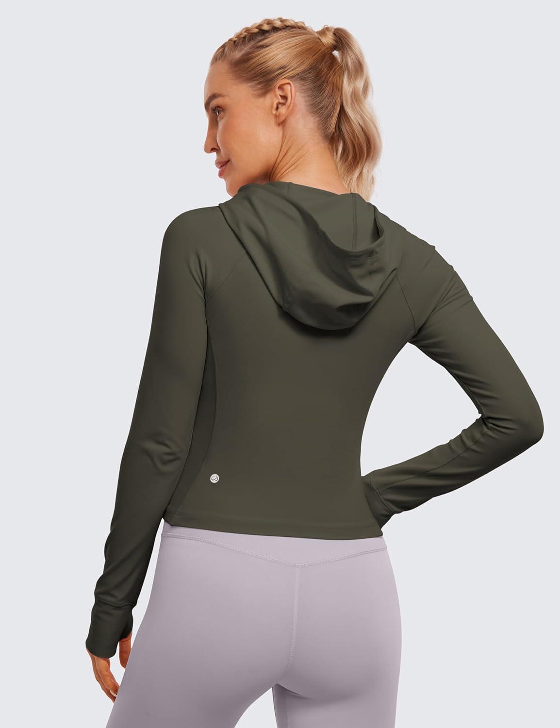 imageCRZ YOGA Womens Butterluxe Full Zip Workout Hoodie Jackets Slim Fit Hooded Athletic Yoga Lightweight Jacket with Thumb HolesLight Army Green