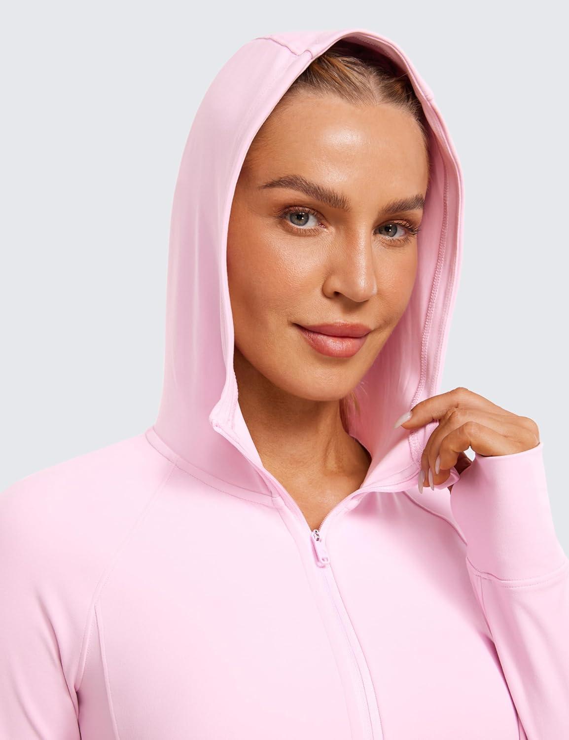 imageCRZ YOGA Womens Butterluxe Full Zip Workout Hoodie Jackets Slim Fit Hooded Athletic Yoga Lightweight Jacket with Thumb HolesPink Peony