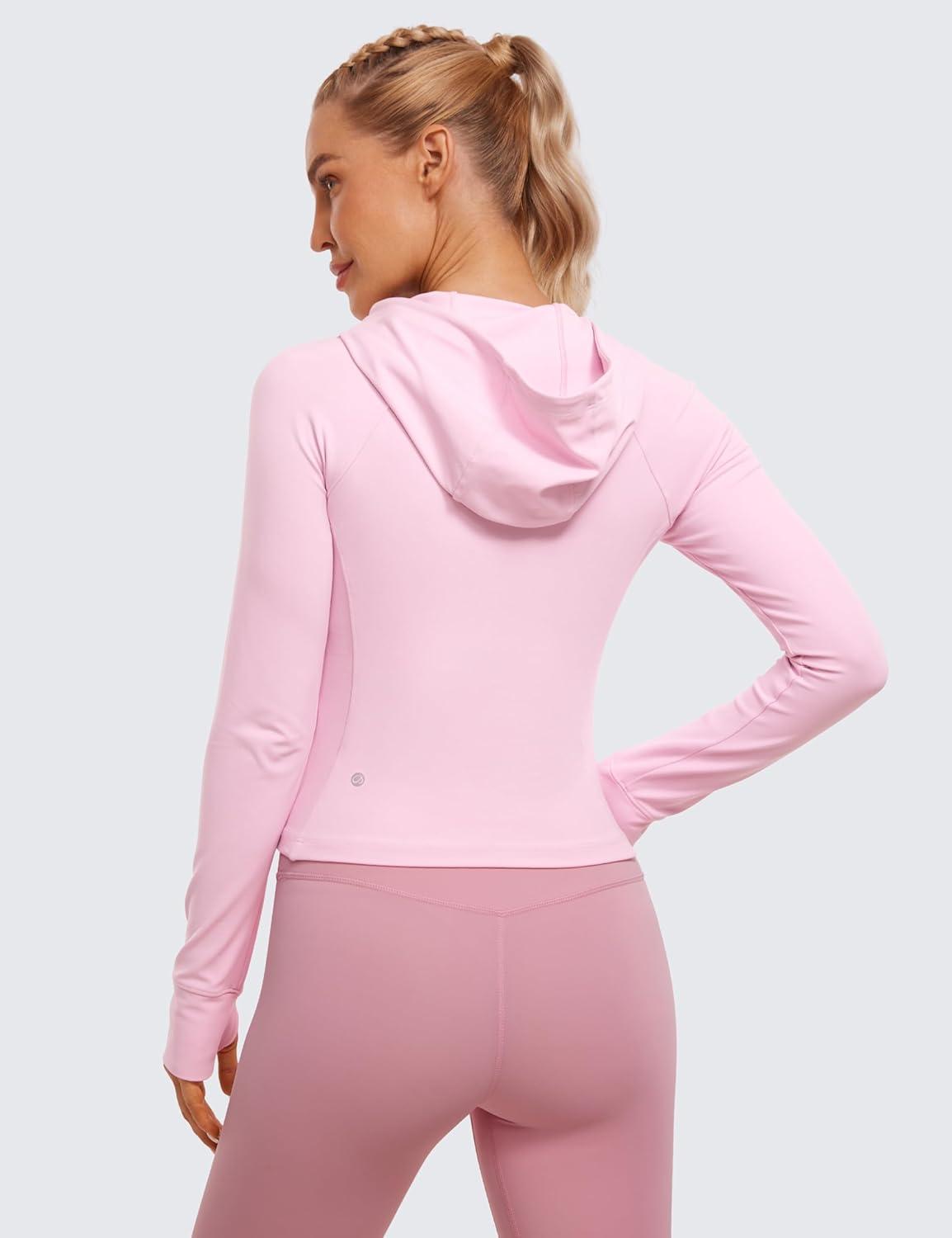 imageCRZ YOGA Womens Butterluxe Full Zip Workout Hoodie Jackets Slim Fit Hooded Athletic Yoga Lightweight Jacket with Thumb HolesPink Peony