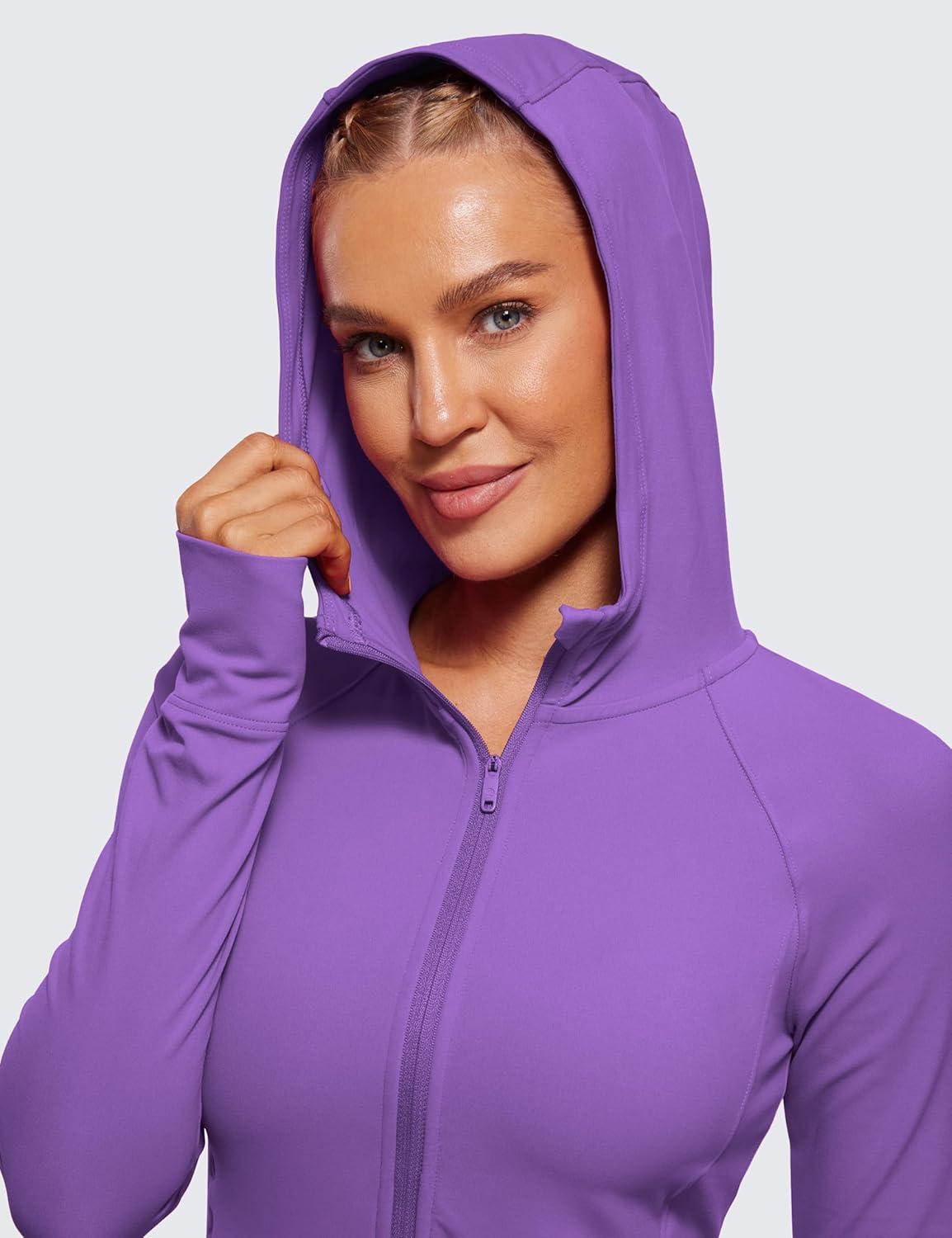 imageCRZ YOGA Womens Butterluxe Full Zip Workout Hoodie Jackets Slim Fit Hooded Athletic Yoga Lightweight Jacket with Thumb HolesRoyal Lilac
