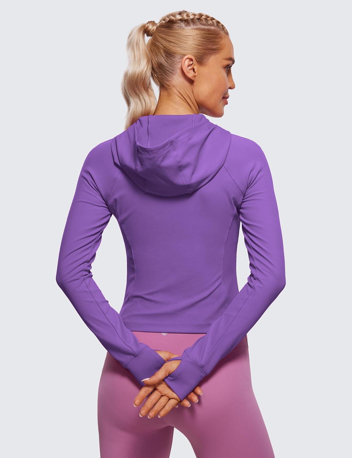 imageCRZ YOGA Womens Butterluxe Full Zip Workout Hoodie Jackets Slim Fit Hooded Athletic Yoga Lightweight Jacket with Thumb HolesRoyal Lilac