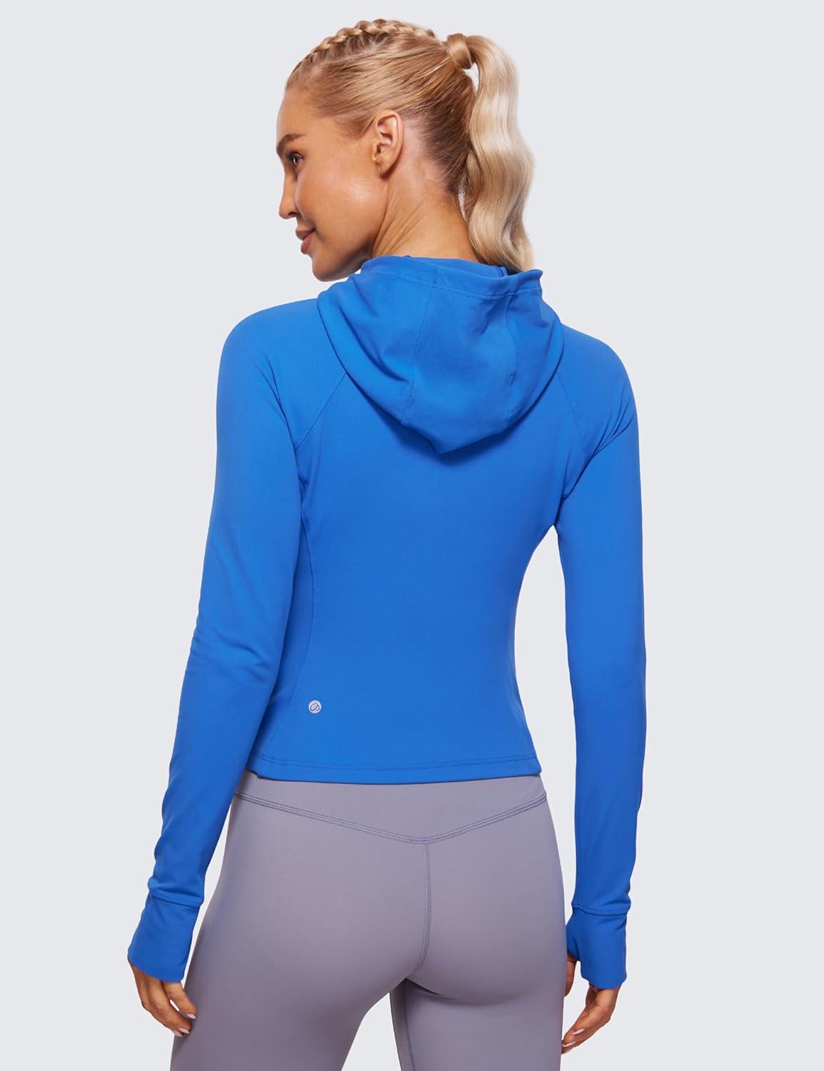 imageCRZ YOGA Womens Butterluxe Full Zip Workout Hoodie Jackets Slim Fit Hooded Athletic Yoga Lightweight Jacket with Thumb HolesSparkle Blue