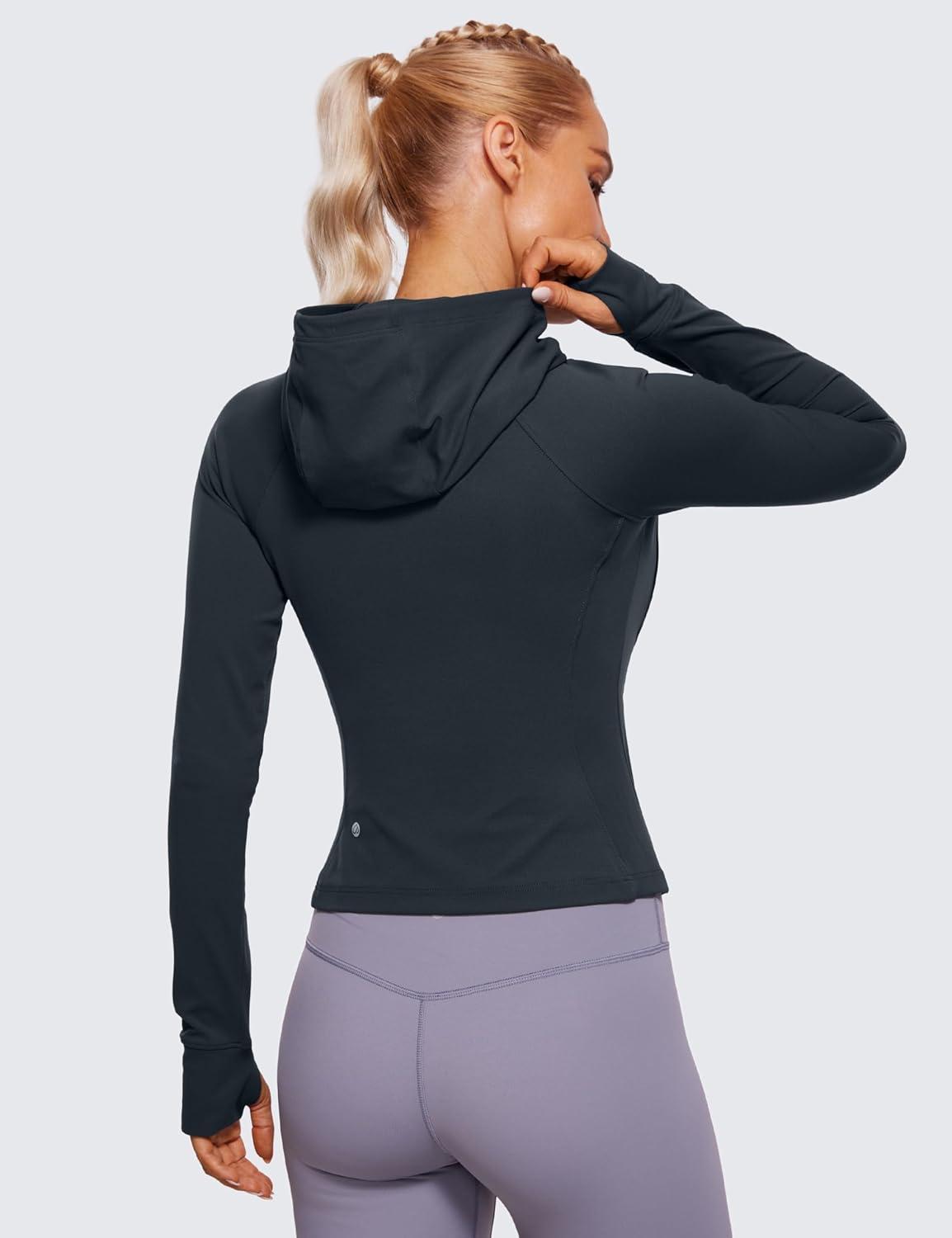 imageCRZ YOGA Womens Butterluxe Full Zip Workout Hoodie Jackets Slim Fit Hooded Athletic Yoga Lightweight Jacket with Thumb HolesTrue Navy