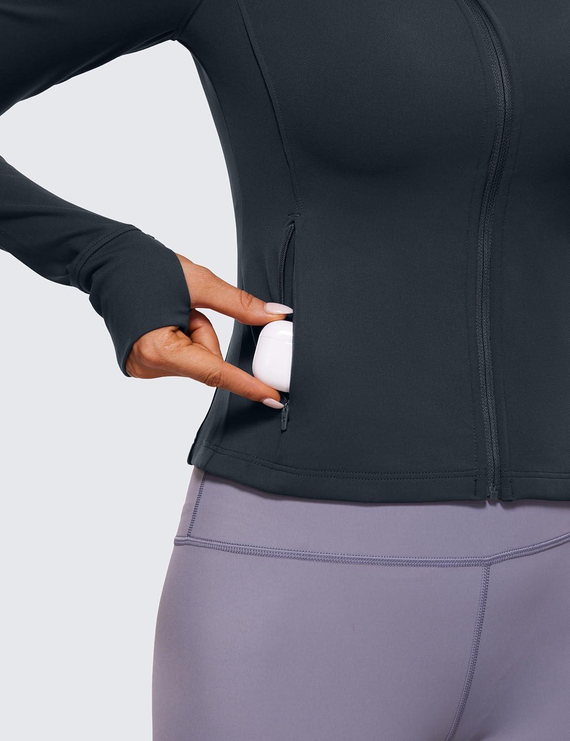 imageCRZ YOGA Womens Butterluxe Full Zip Workout Hoodie Jackets Slim Fit Hooded Athletic Yoga Lightweight Jacket with Thumb HolesTrue Navy