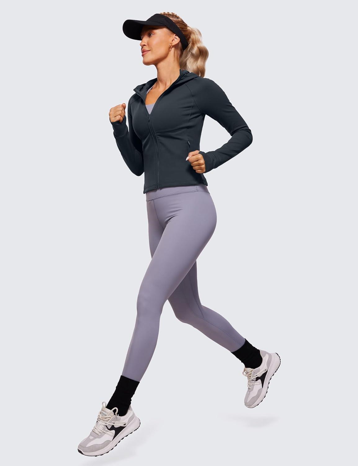 imageCRZ YOGA Womens Butterluxe Full Zip Workout Hoodie Jackets Slim Fit Hooded Athletic Yoga Lightweight Jacket with Thumb HolesTrue Navy