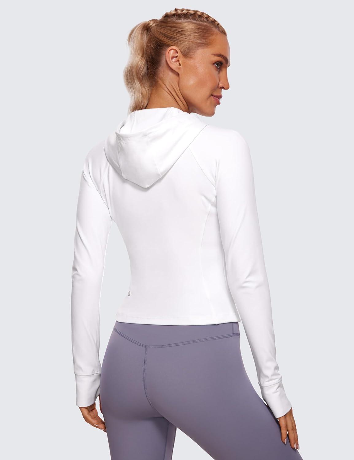 imageCRZ YOGA Womens Butterluxe Full Zip Workout Hoodie Jackets Slim Fit Hooded Athletic Yoga Lightweight Jacket with Thumb HolesWhite