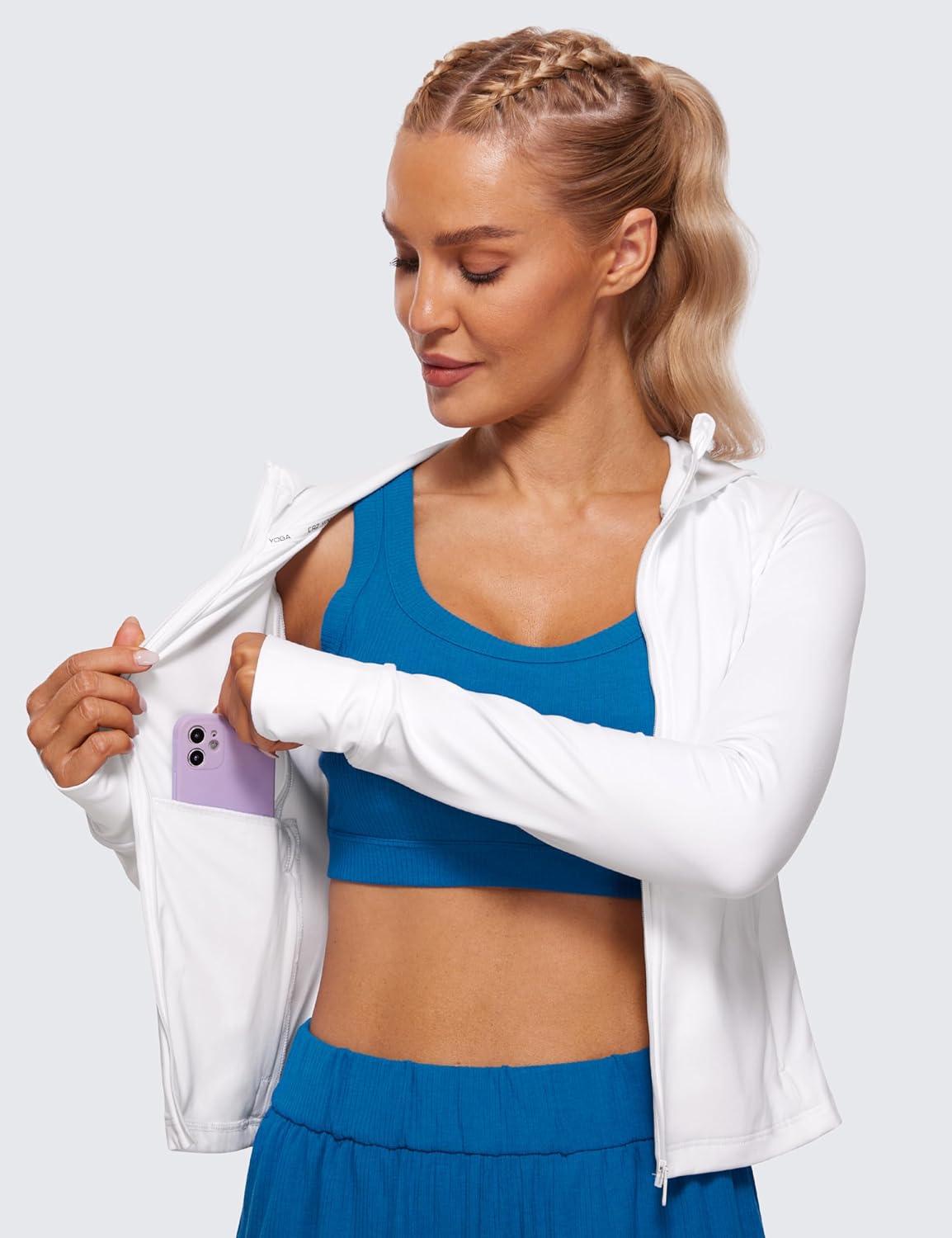 imageCRZ YOGA Womens Butterluxe Full Zip Workout Hoodie Jackets Slim Fit Hooded Athletic Yoga Lightweight Jacket with Thumb HolesWhite