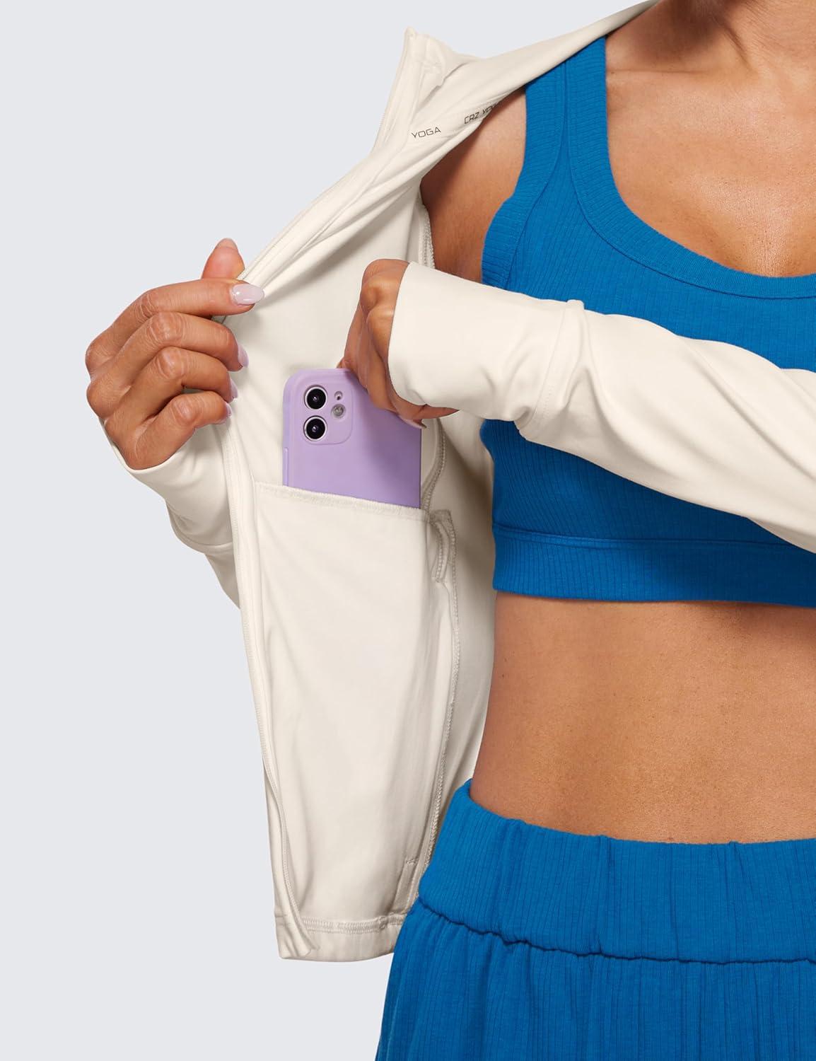 imageCRZ YOGA Womens Butterluxe Full Zip Workout Hoodie Jackets Slim Fit Hooded Athletic Yoga Lightweight Jacket with Thumb HolesWhite Apricot