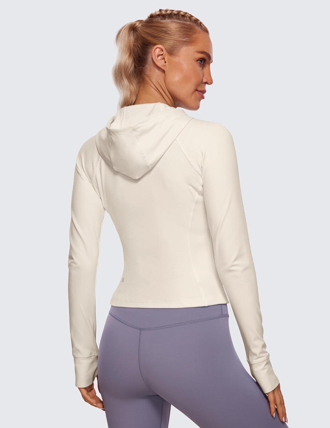 imageCRZ YOGA Womens Butterluxe Full Zip Workout Hoodie Jackets Slim Fit Hooded Athletic Yoga Lightweight Jacket with Thumb HolesWhite Apricot