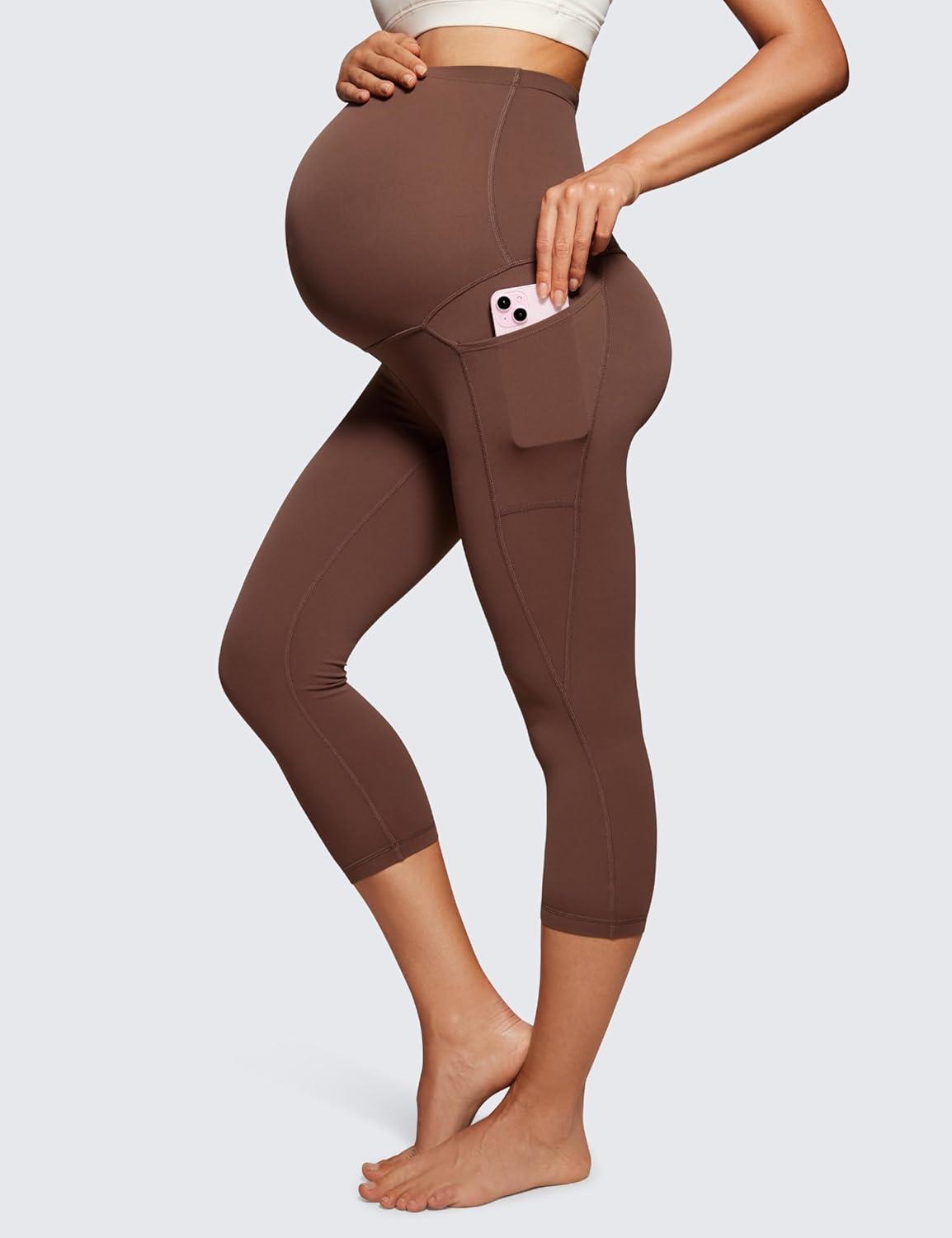 imageCRZ YOGA Womens Butterluxe Maternity Capris Leggings with Pockets 21quot Workout Active Yoga Soft Over The Belly Crop PantsCoffee Brown