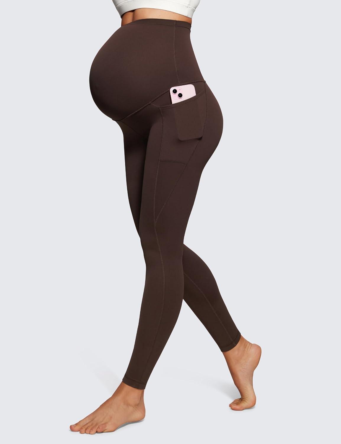 imageCRZ YOGA Womens Butterluxe Maternity Leggings with Pockets Over The Belly 28quot Soft Workout Active Yoga Pregnancy PantsHot Fudge Brown