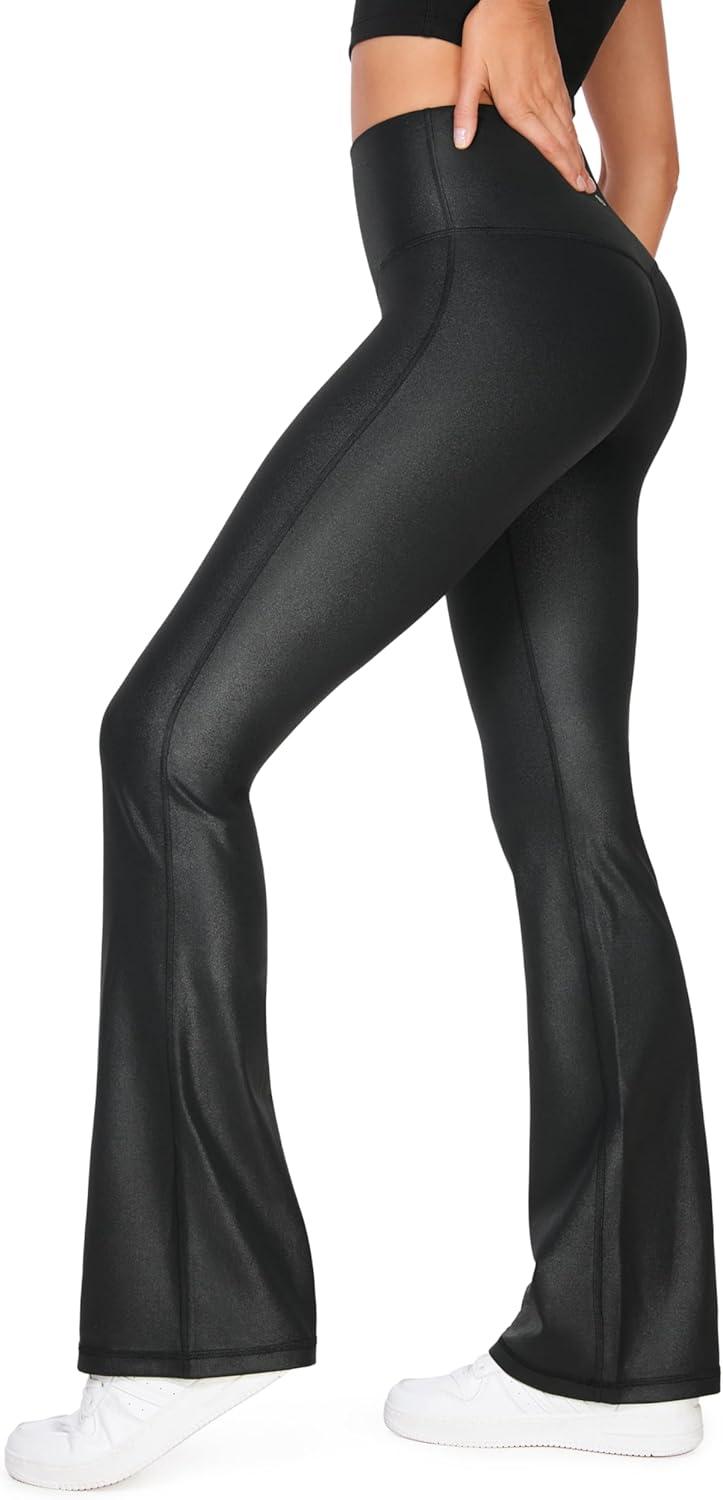 imageCRZ YOGA Womens Butterluxe Matte Faux Leather Flare Leggings 32 Inches High Waist Wide Leg Bootcut Yoga PantsFaux Leather Black