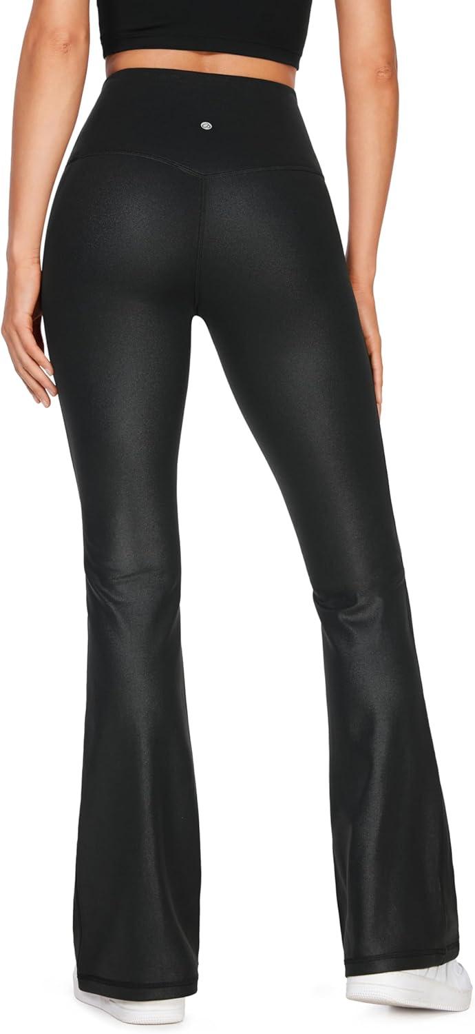 imageCRZ YOGA Womens Butterluxe Matte Faux Leather Flare Leggings 32 Inches High Waist Wide Leg Bootcut Yoga PantsFaux Leather Black