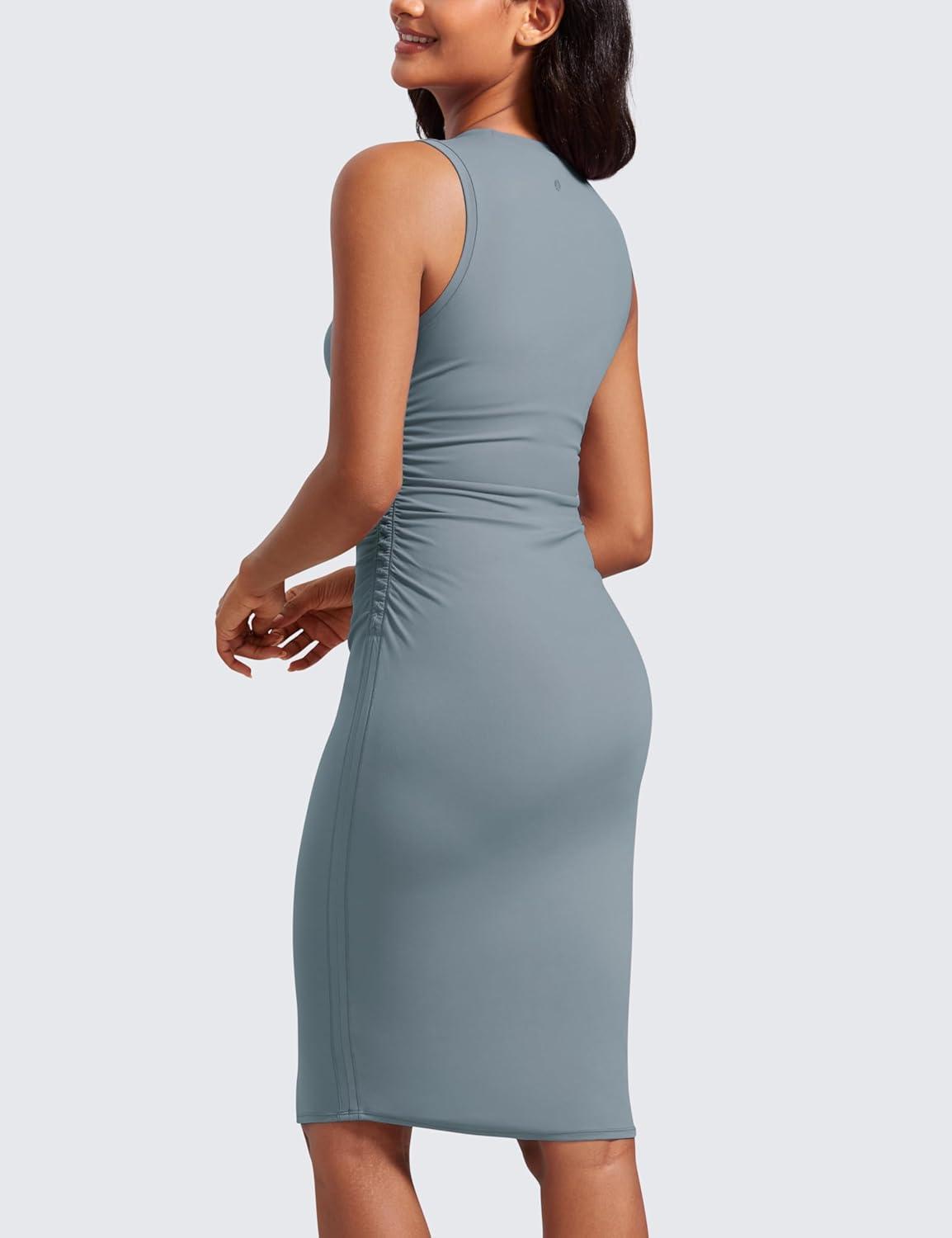 imageCRZ YOGA Womens Butterluxe Summer Sleeveless Midi Dresses Casual Work Cocktail Party Ruched Pencil BodyconBelgian Blue