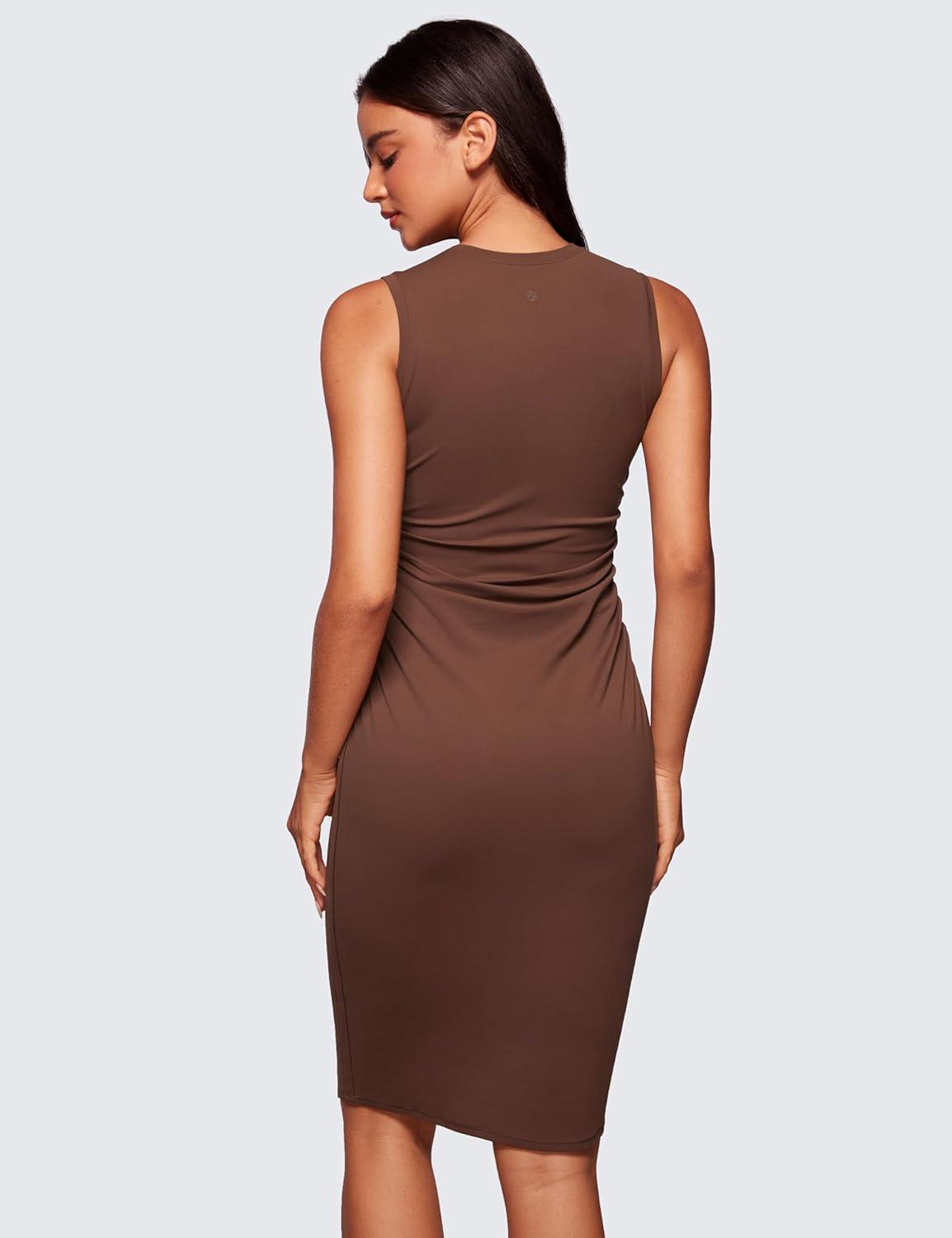 imageCRZ YOGA Womens Butterluxe Summer Sleeveless Midi Dresses Casual Work Cocktail Party Ruched Pencil BodyconCoffee Brown