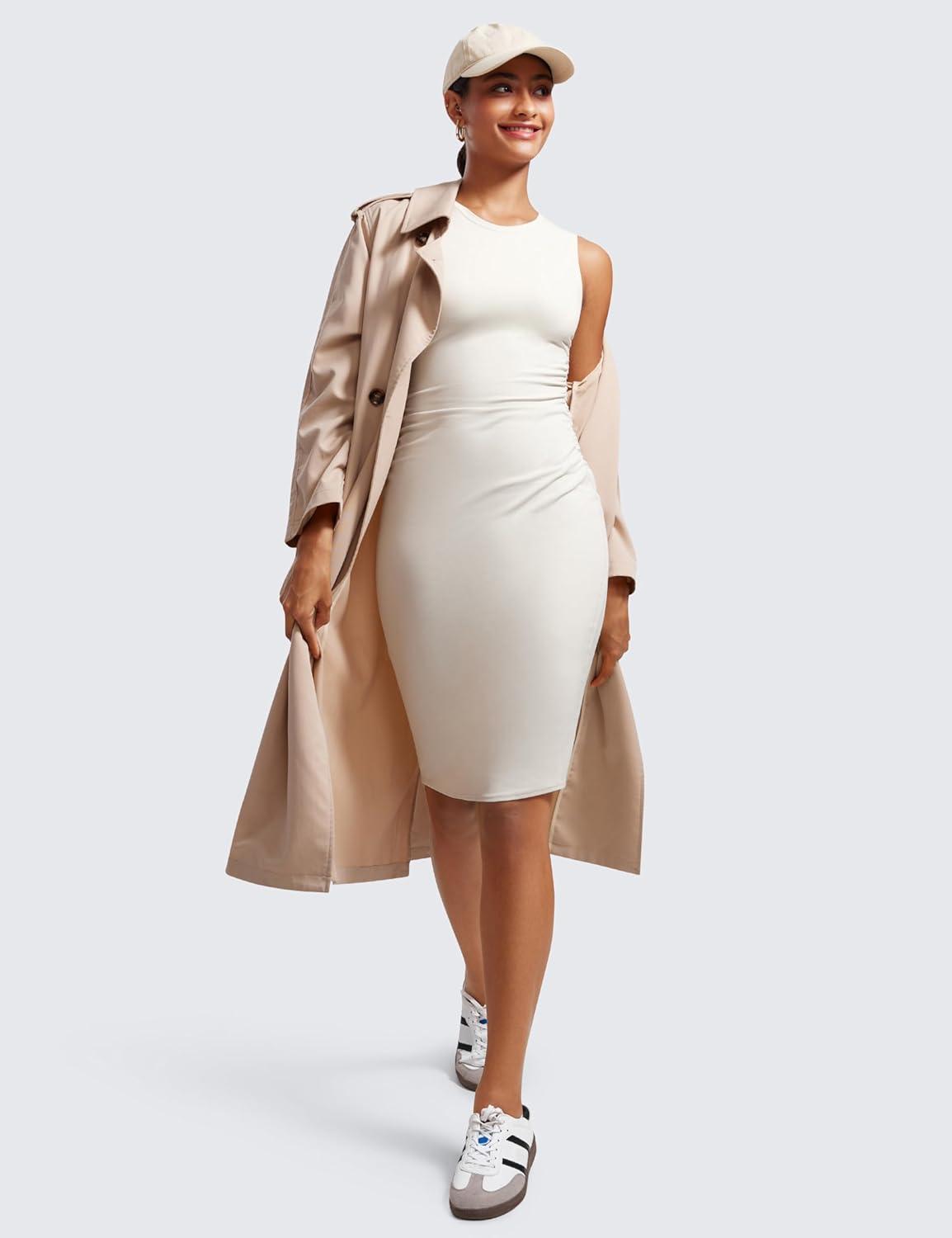 imageCRZ YOGA Womens Butterluxe Summer Sleeveless Midi Dresses Casual Work Cocktail Party Ruched Pencil BodyconMilky White Bone