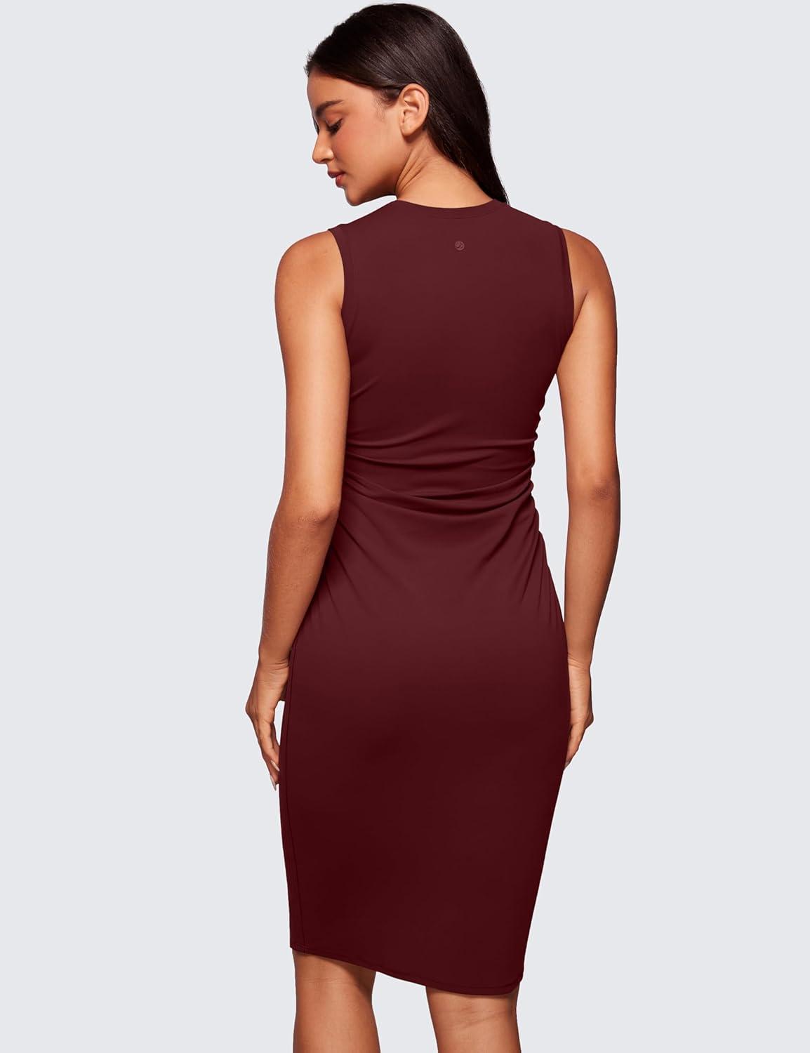 imageCRZ YOGA Womens Butterluxe Summer Sleeveless Midi Dresses Casual Work Cocktail Party Ruched Pencil BodyconRed Merlot
