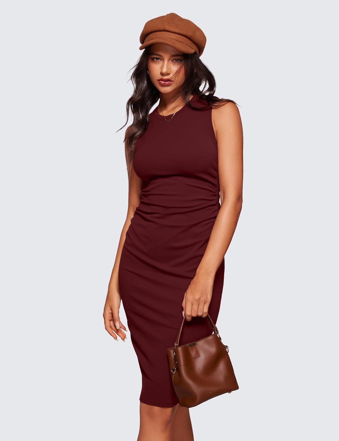 imageCRZ YOGA Womens Butterluxe Summer Sleeveless Midi Dresses Casual Work Cocktail Party Ruched Pencil BodyconRed Merlot