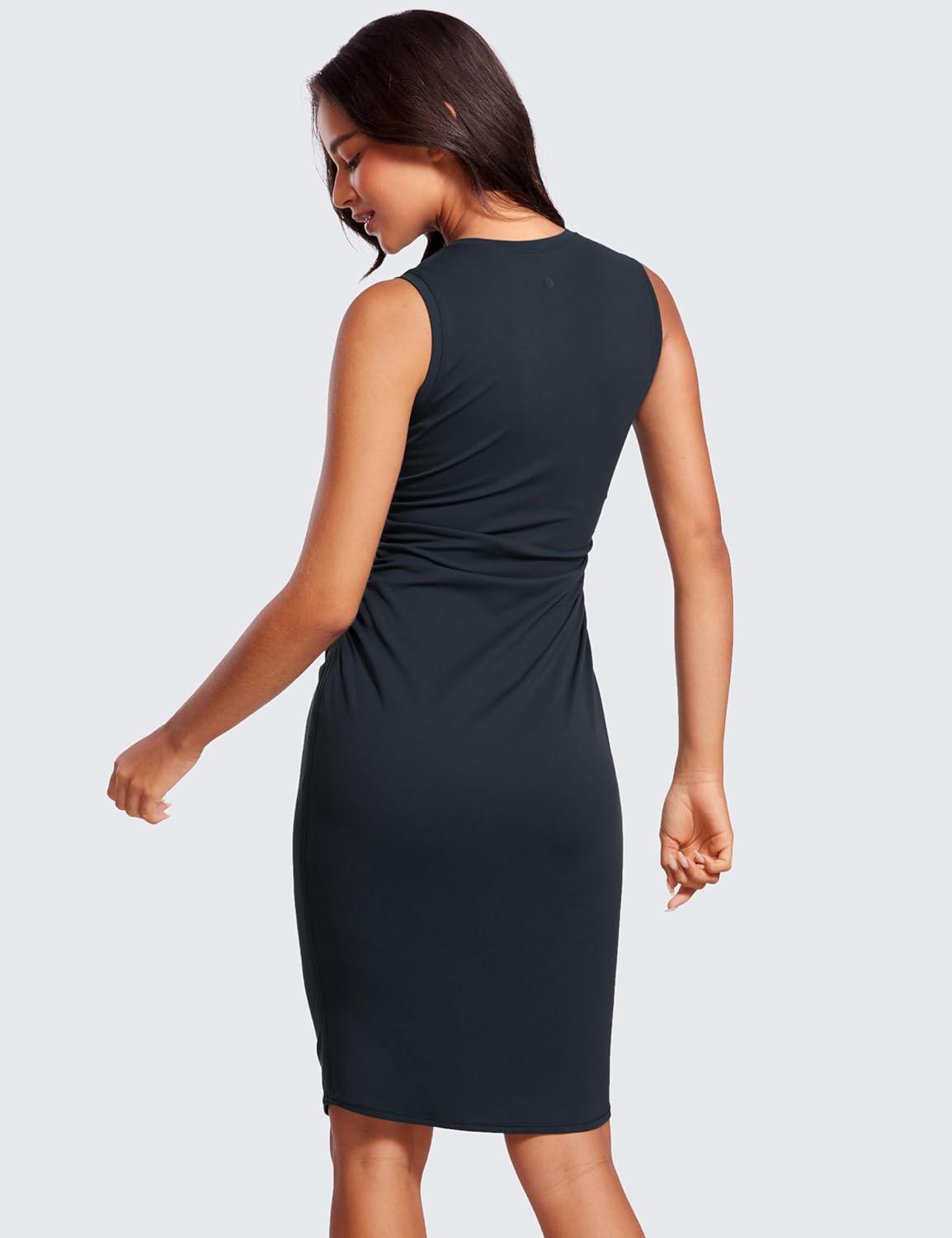 imageCRZ YOGA Womens Butterluxe Summer Sleeveless Midi Dresses Casual Work Cocktail Party Ruched Pencil BodyconTrue Navy