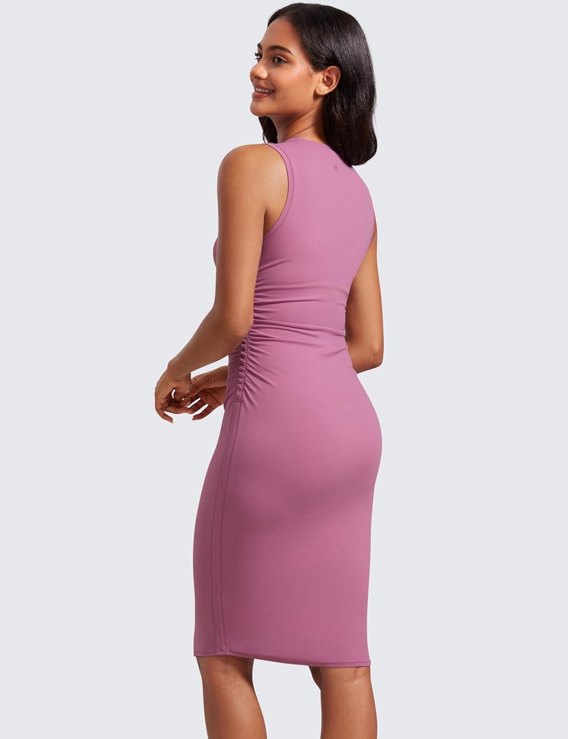 imageCRZ YOGA Womens Butterluxe Summer Sleeveless Midi Dresses Casual Work Cocktail Party Ruched Pencil BodyconVelvet Dust