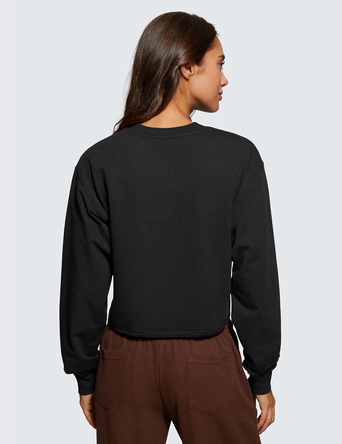 imageCRZ YOGA Womens Fleece Cropped Sweatshirts Crewneck Long Sleeve Double Raw Hem Workout Casual Pullover TopsBlack