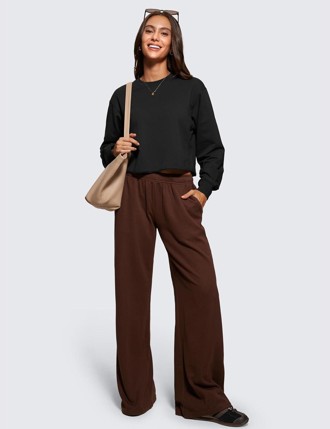 imageCRZ YOGA Womens Fleece Cropped Sweatshirts Crewneck Long Sleeve Double Raw Hem Workout Casual Pullover TopsBlack